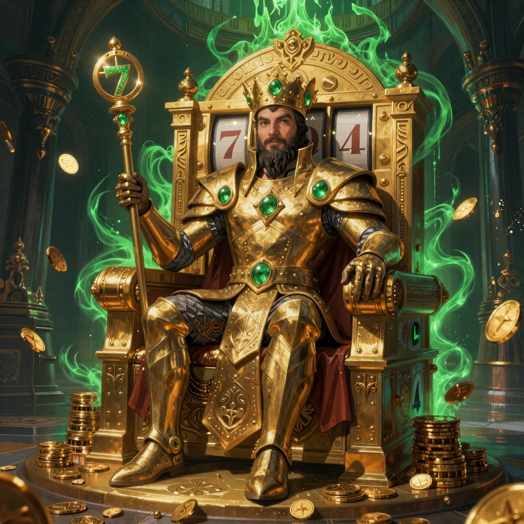 Billionaire-K&ouml;nig in goldener R&uuml;stung auf Thron aus Slot-Maschinen im Online Casino Deutschland